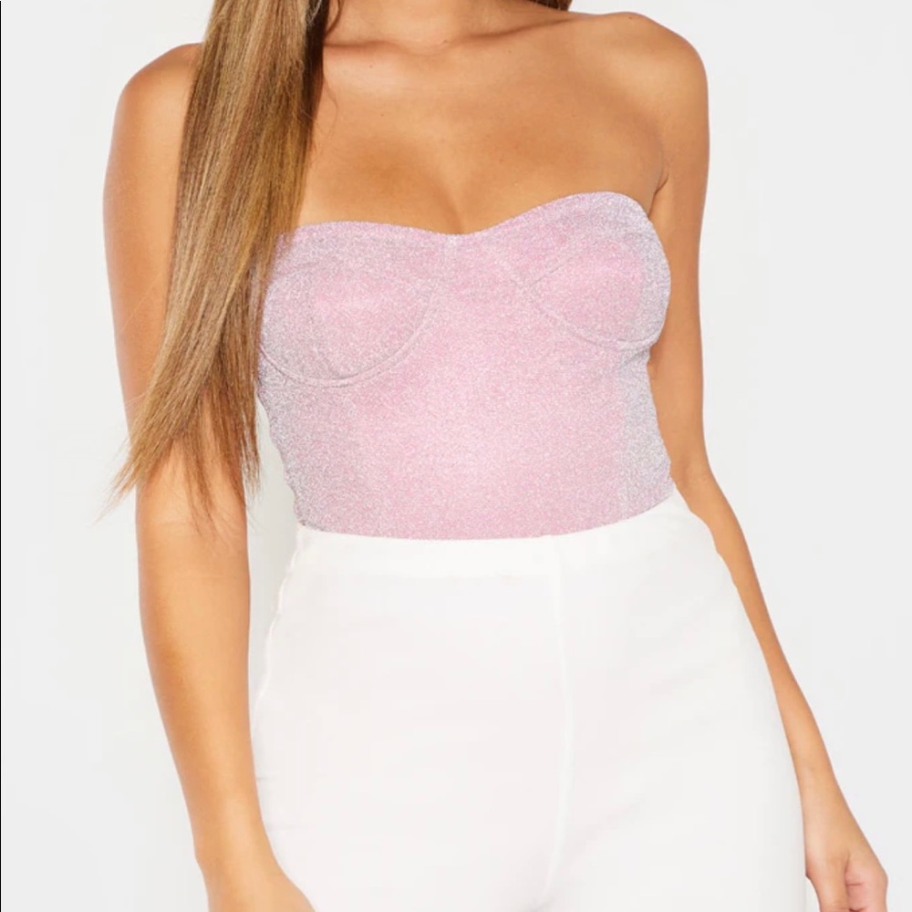 PrettyLittleThing Pink Glitter Bandeau Bodysuit
